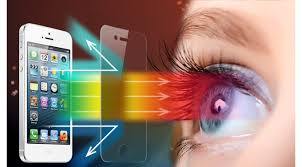 Illustration of blue light from smartphone screen entering human eye, digital eye strain concept