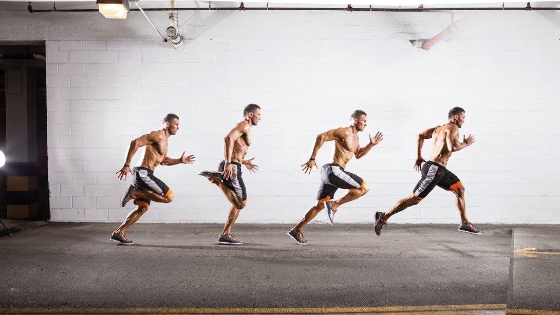 Shirtless athletic man sprinting indoors, captured in multiple running motion phases