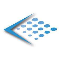 Blue arrow with gradient dots logo on white background, health and lab test symbol