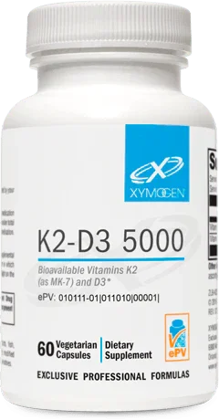 Bottle of K2-D3 5000 dietary supplement, 60 vegetarian capsules, by XYMOGEN