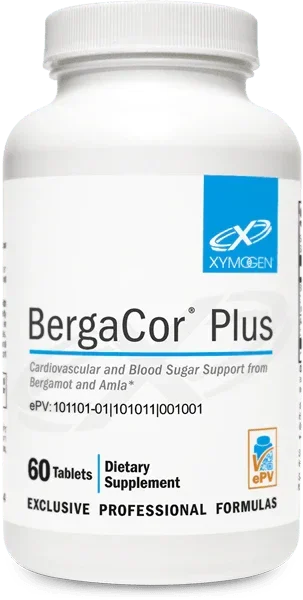 BergaCor Plus 60 tablets dietary supplement bottle for cardiovascular and blood sugar support.