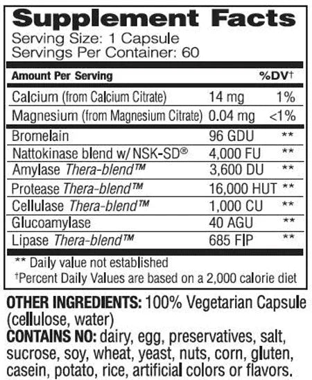 Nattokinase Pro supplement facts label with enzyme and mineral blend, 60 capsules per bottle.