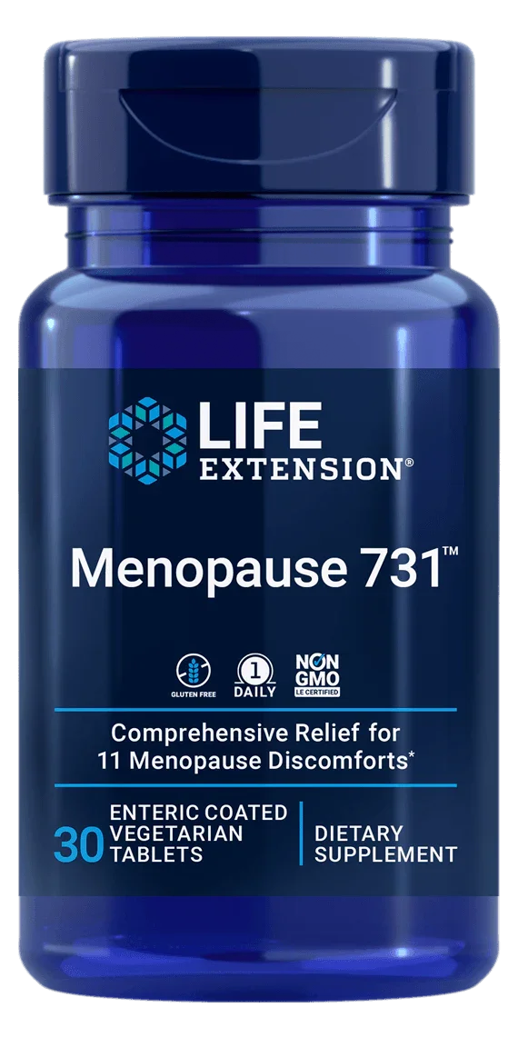 Life Extension Menopause 731 dietary supplement bottle, 30 vegetarian tablets for menopause relief