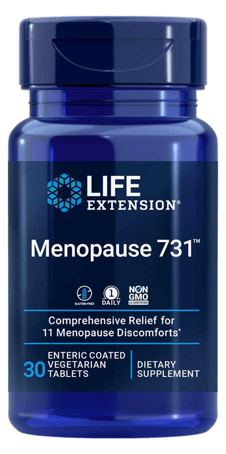 Life Extension Menopause 731 dietary supplement bottle, 30 vegetarian tablets for menopause relief