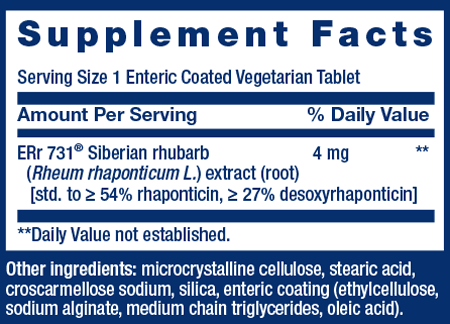 Supplement facts label for menopause support tablet featuring Siberian rhubarb extract.