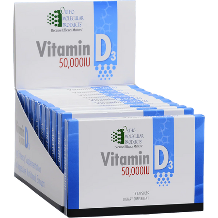 Display box of Vitamin D3 50,000 IU dietary supplement 15-capsule packs