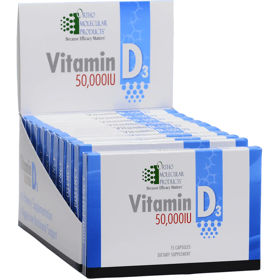Display box of Vitamin D3 50,000 IU dietary supplement 15-capsule packs