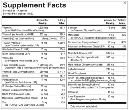 Mitocore supplement facts label showing vitamin, mineral, and nutrient ingredients per serving.