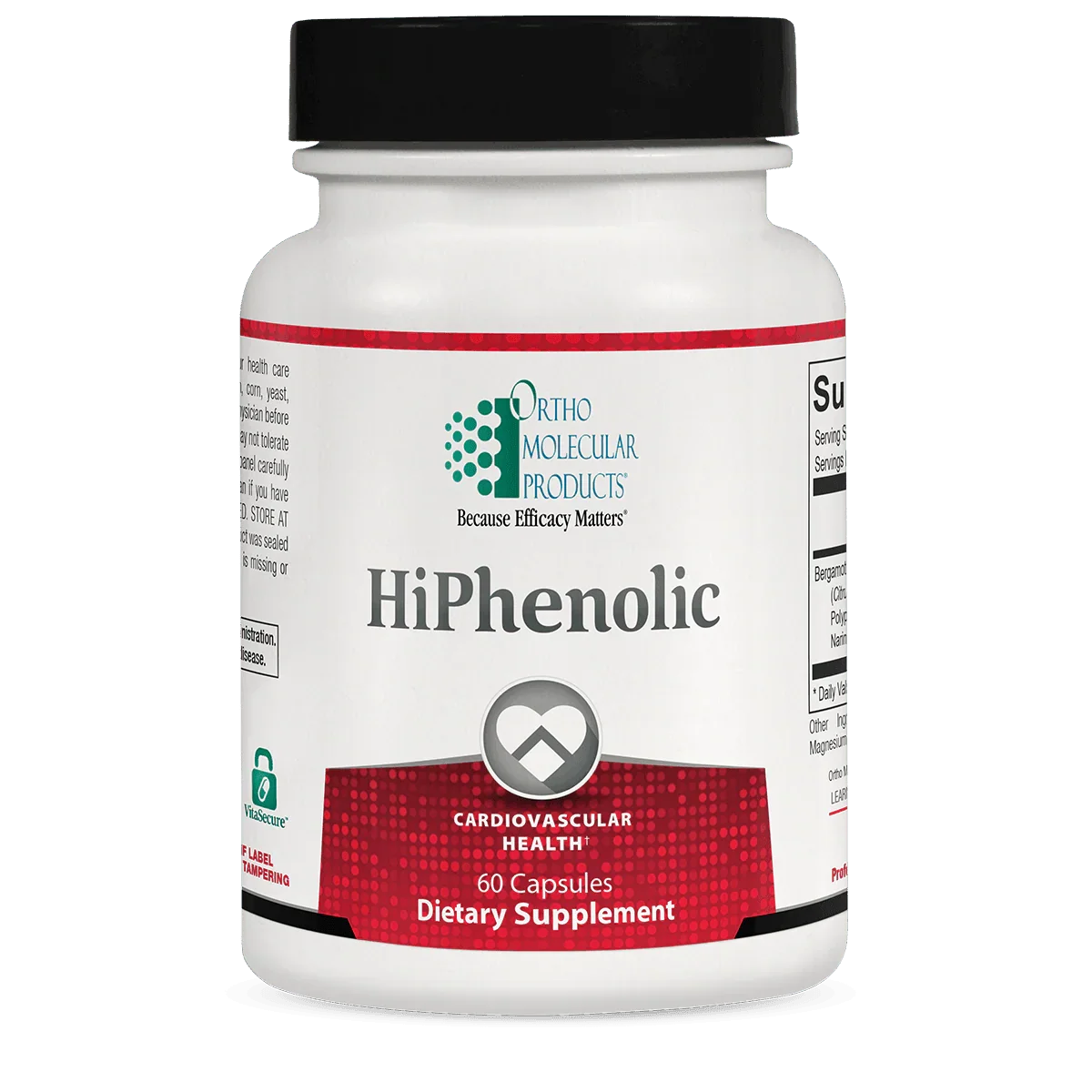 HiPhenolic dietary supplement bottle for cardiovascular health, 60 capsules, white and red label.