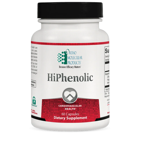 HiPhenolic dietary supplement bottle for cardiovascular health, 60 capsules, white and red label.