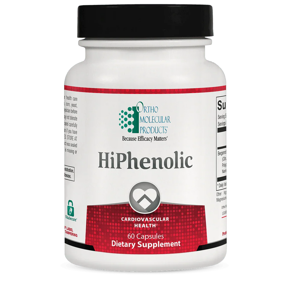 HiPhenolic dietary supplement bottle for cardiovascular health, 60 capsules, white and red label.
