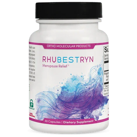 Rhubestryn menopause relief dietary supplement bottle with purple abstract design