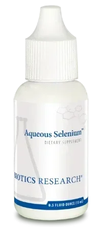Aqueous Selenium dietary supplement dropper bottle, white label, 0.5 fl oz, Biotics Research.