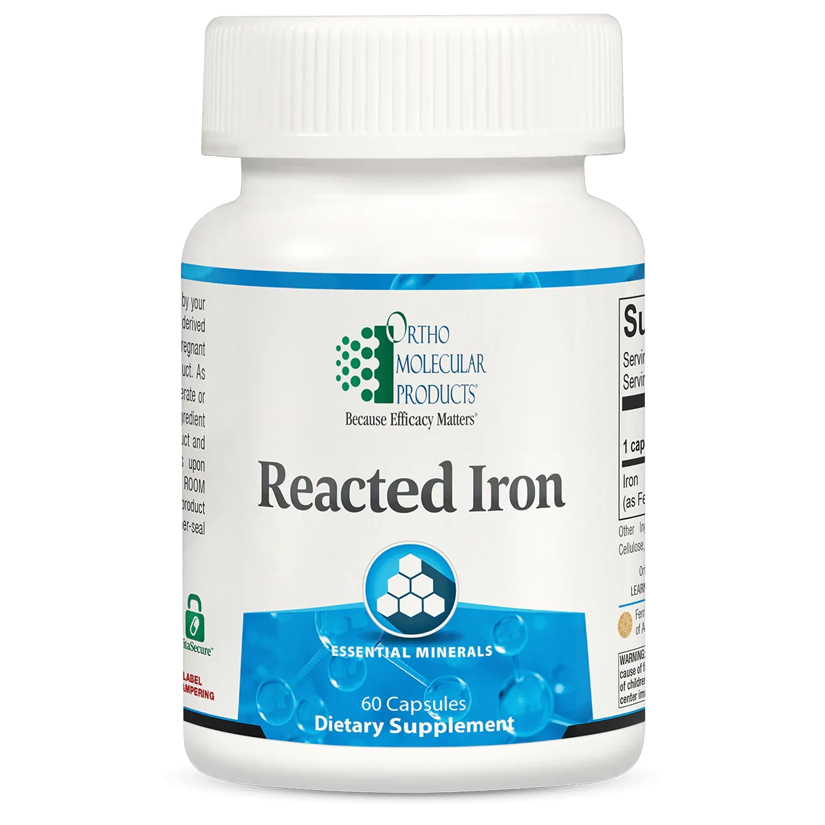 Reacted Iron dietary supplement bottle, 60 capsules, essential minerals label