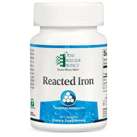 Reacted Iron dietary supplement bottle, 60 capsules, essential minerals label