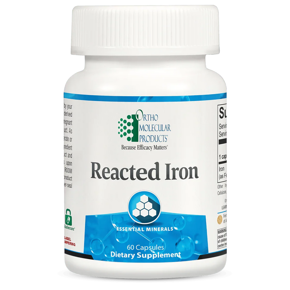 Reacted Iron dietary supplement bottle, 60 capsules, essential minerals label