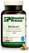 Bottle of Diaplex dietary supplement capsules for healthy glucose metabolism with two capsules shown