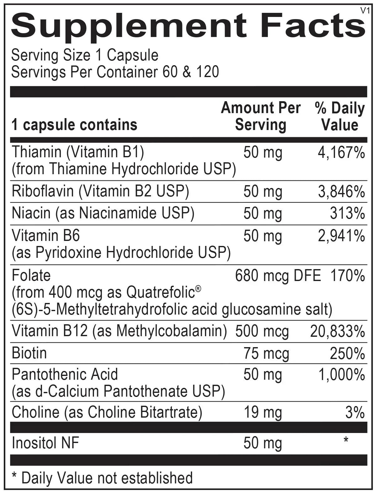 Supplement facts label for methylated B-complex capsules with detailed vitamin content.
