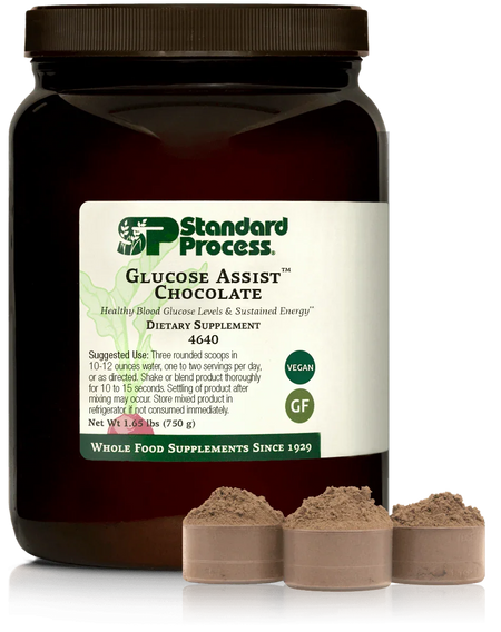 Chocolate dietary supplement powder jar labeled Glucose Assist with scoops of powder in front
