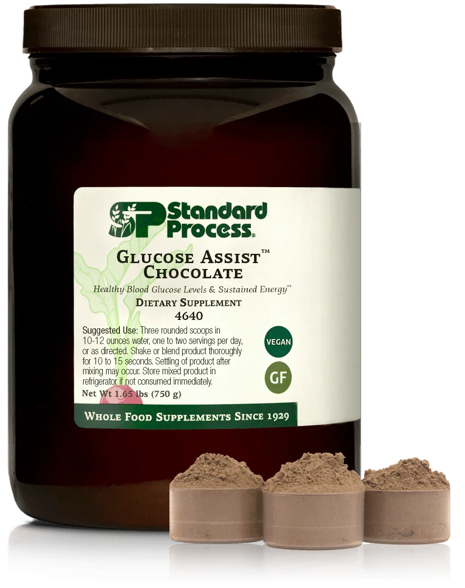 Chocolate dietary supplement powder jar labeled Glucose Assist with scoops of powder in front
