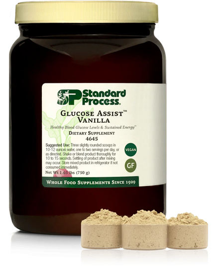 Glucose Assist Vanilla powder dietary supplement jar with scoops, vegan and gluten free.