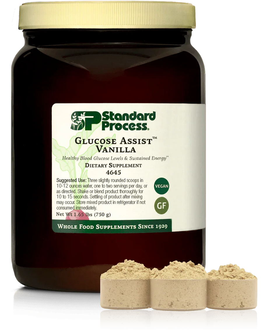 Glucose Assist Vanilla powder dietary supplement jar with scoops, vegan and gluten free.