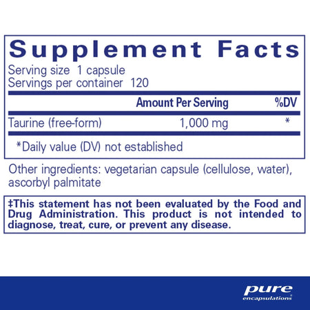 Supplement Facts label for Pure Encapsulations Taurine 1000mg capsules, 120 servings.