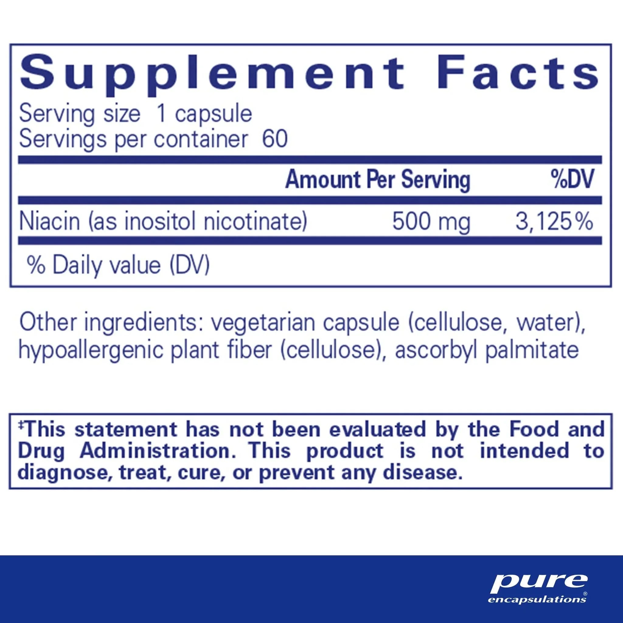 Supplement facts label for niacin capsules, 500mg inositol nicotinate per serving, 60 capsules.