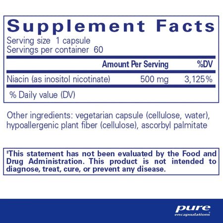 Supplement facts label for niacin capsules, 500mg inositol nicotinate per serving, 60 capsules.