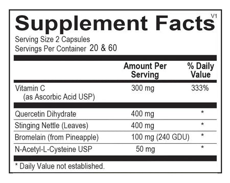 Supplement facts label showing Vitamin C, quercetin, stinging nettle, bromelain, and N-acetyl-L-cysteine ingredient amounts per serving.