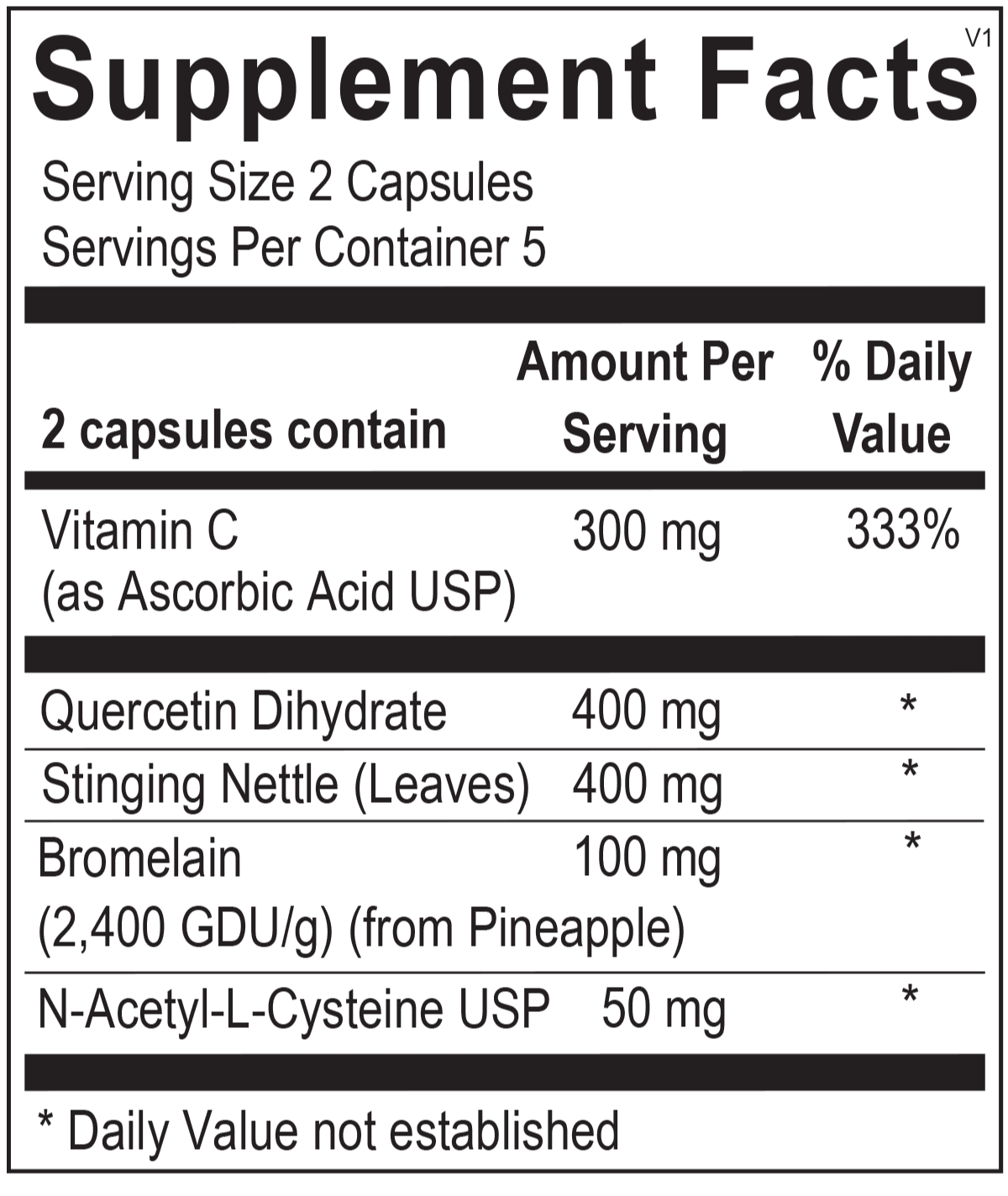 Supplement Facts label showing ingredients: vitamin C, quercetin, nettle, bromelain, NAC.