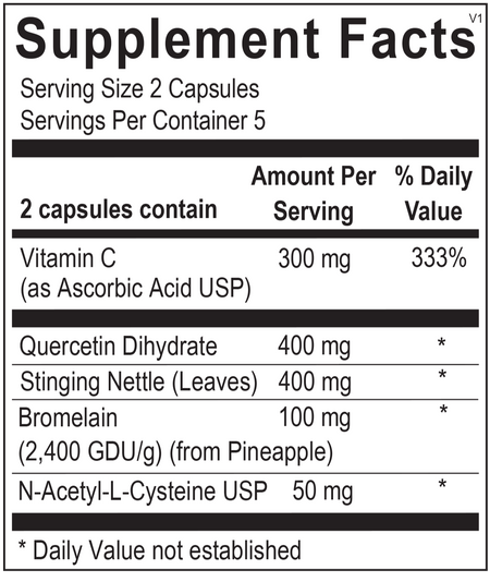 Supplement Facts label showing ingredients: vitamin C, quercetin, nettle, bromelain, NAC.