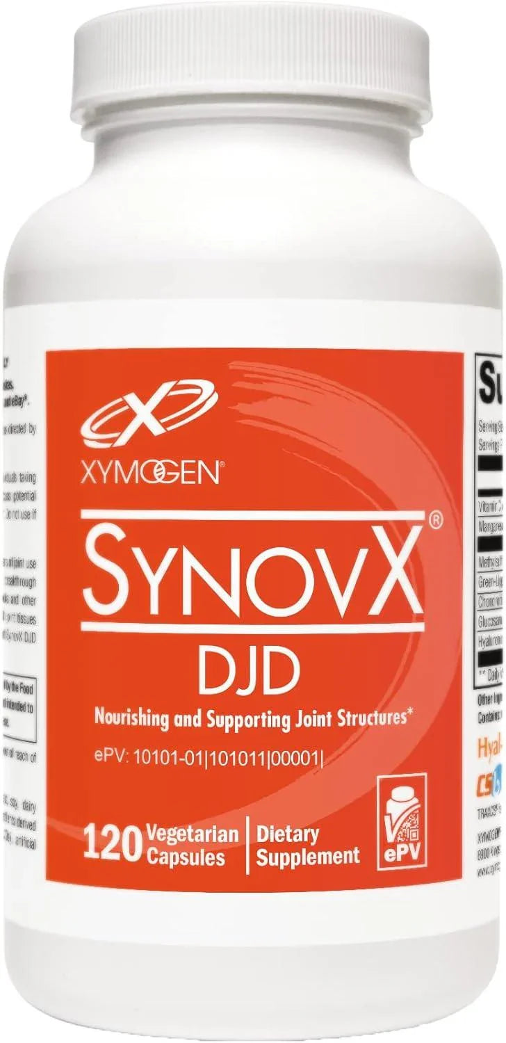 Xymogen SynovX DJD dietary supplement bottle, 120 vegetarian capsules for joint support