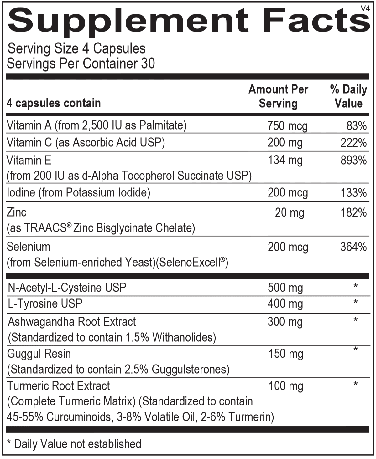 Supplement facts label showing vitamins, minerals, and herbal extracts per 4-capsule serving.