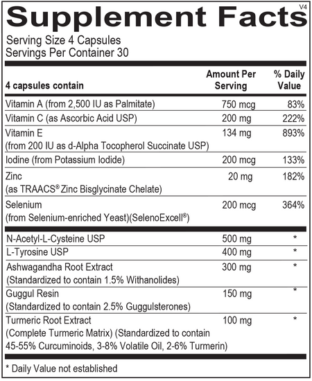Supplement facts label showing vitamins, minerals, and herbal extracts per 4-capsule serving.