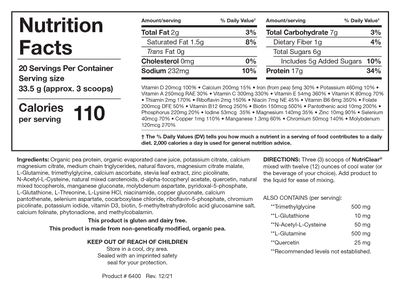 Supplement nutrition facts label listing calories, protein, vitamins, and ingredients per serving.