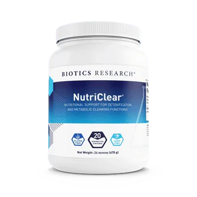 NutriClear supplement powder container for detox and metabolic support, 24 ounces.