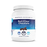 NutriClear Chocolate supplement powder container with blue label and chocolate pieces
