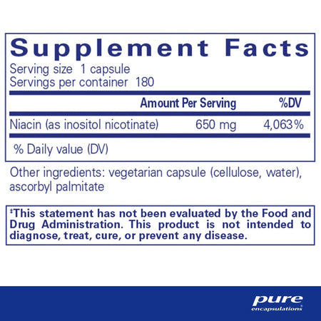 Supplement facts label for Pure Encapsulations niacin capsules, showing 650 mg per serving.
