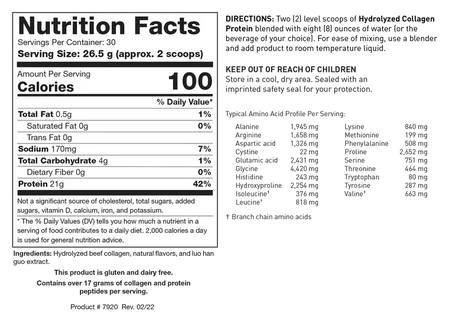 Supplement nutrition facts label showing serving size, calories, protein, and carb content.