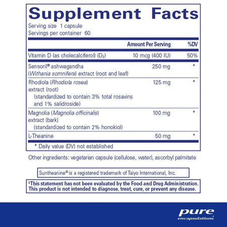 Supplement facts label showing Vitamin D, ashwagandha, rhodiola, magnolia, L-theanine ingredients.