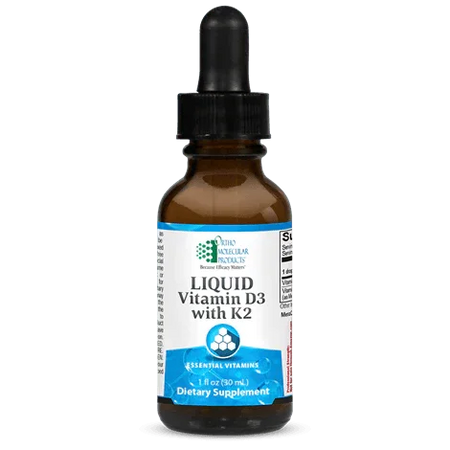 Liquid Vitamin D3 with K2 supplement dropper bottle, blue and white label, dietary vitamins