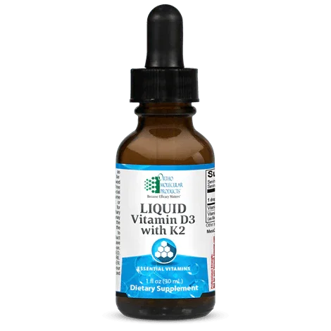 Liquid Vitamin D3 with K2 supplement dropper bottle, blue and white label, dietary vitamins