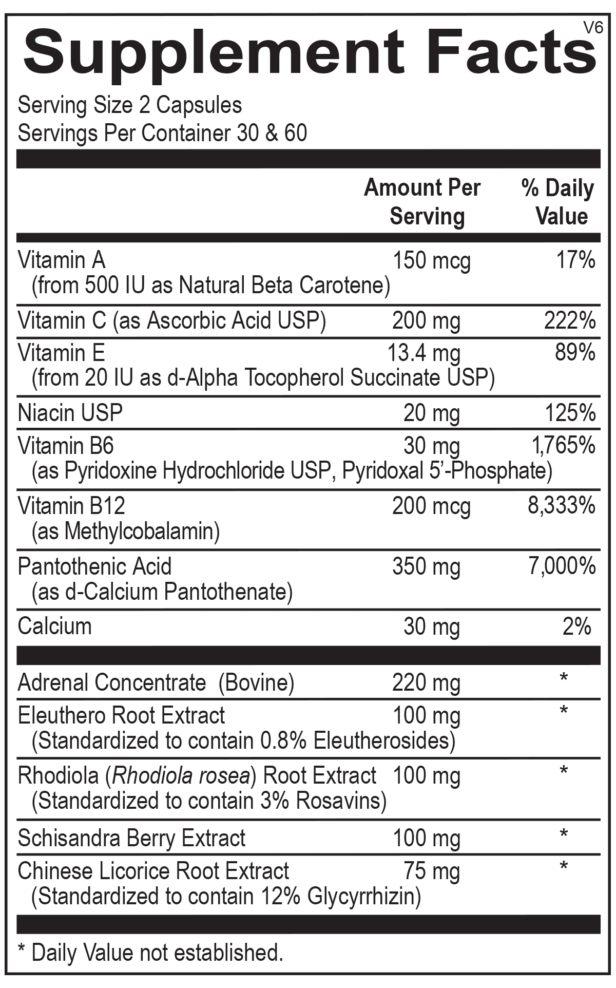 Supplement facts label showing vitamins, minerals, roots, and herbal extract ingredients.