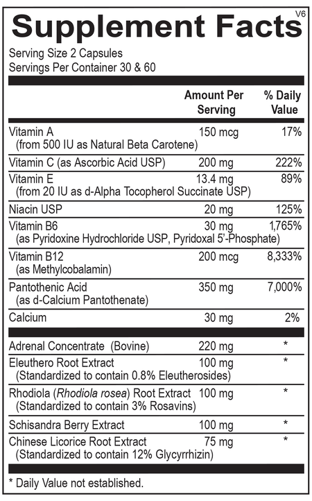 Supplement facts label showing vitamins, minerals, roots, and herbal extract ingredients.