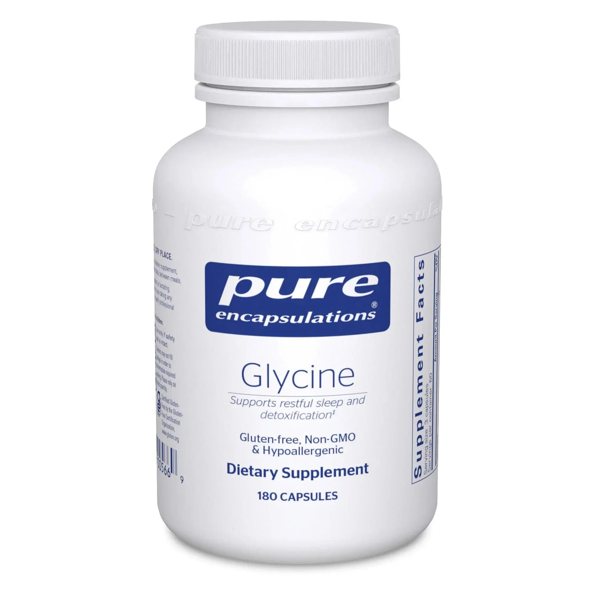 Pure Encapsulations Glycine dietary supplement bottle, 180 capsules, gluten-free, non-GMO