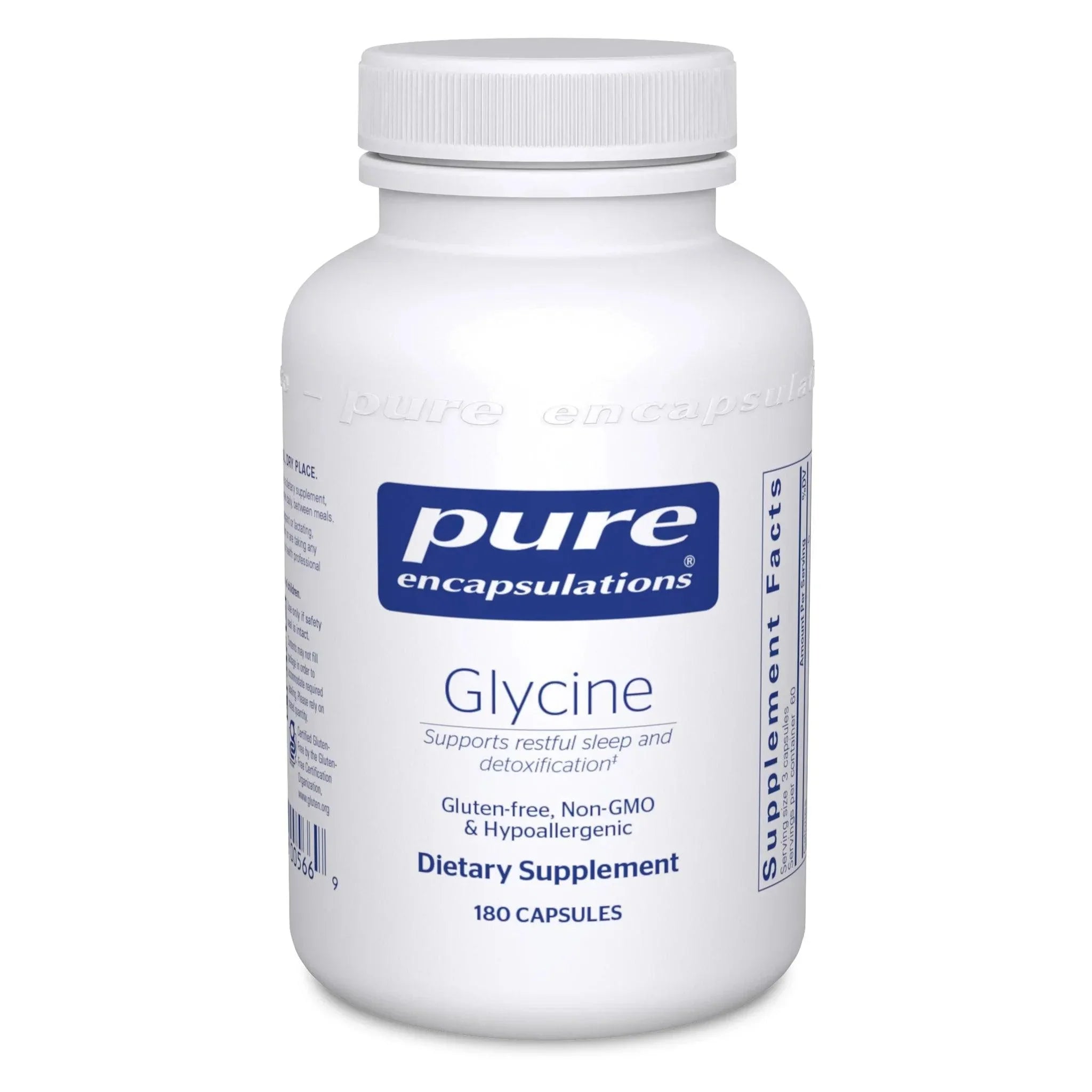 Pure Encapsulations Glycine dietary supplement bottle, 180 capsules, gluten-free, non-GMO