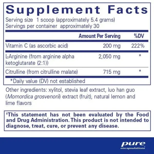 Supplement facts label showing Vitamin C, L-Arginine, Citrulline, and ingredient list.