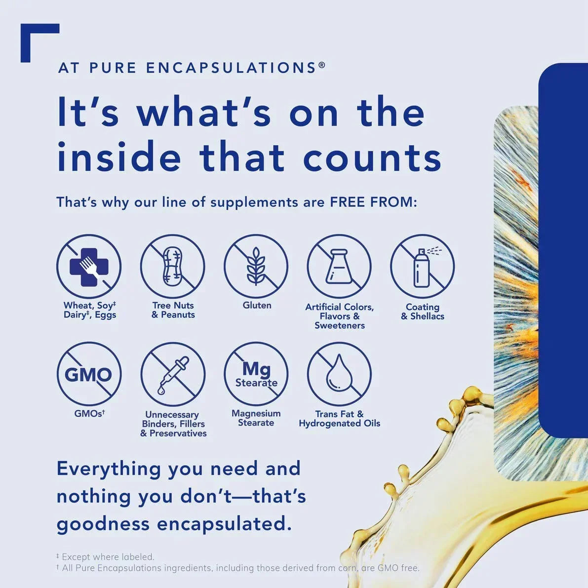 Pure Encapsulations supplement benefits chart showing free from allergens, gluten, GMOs, artificial additives, and fillers.