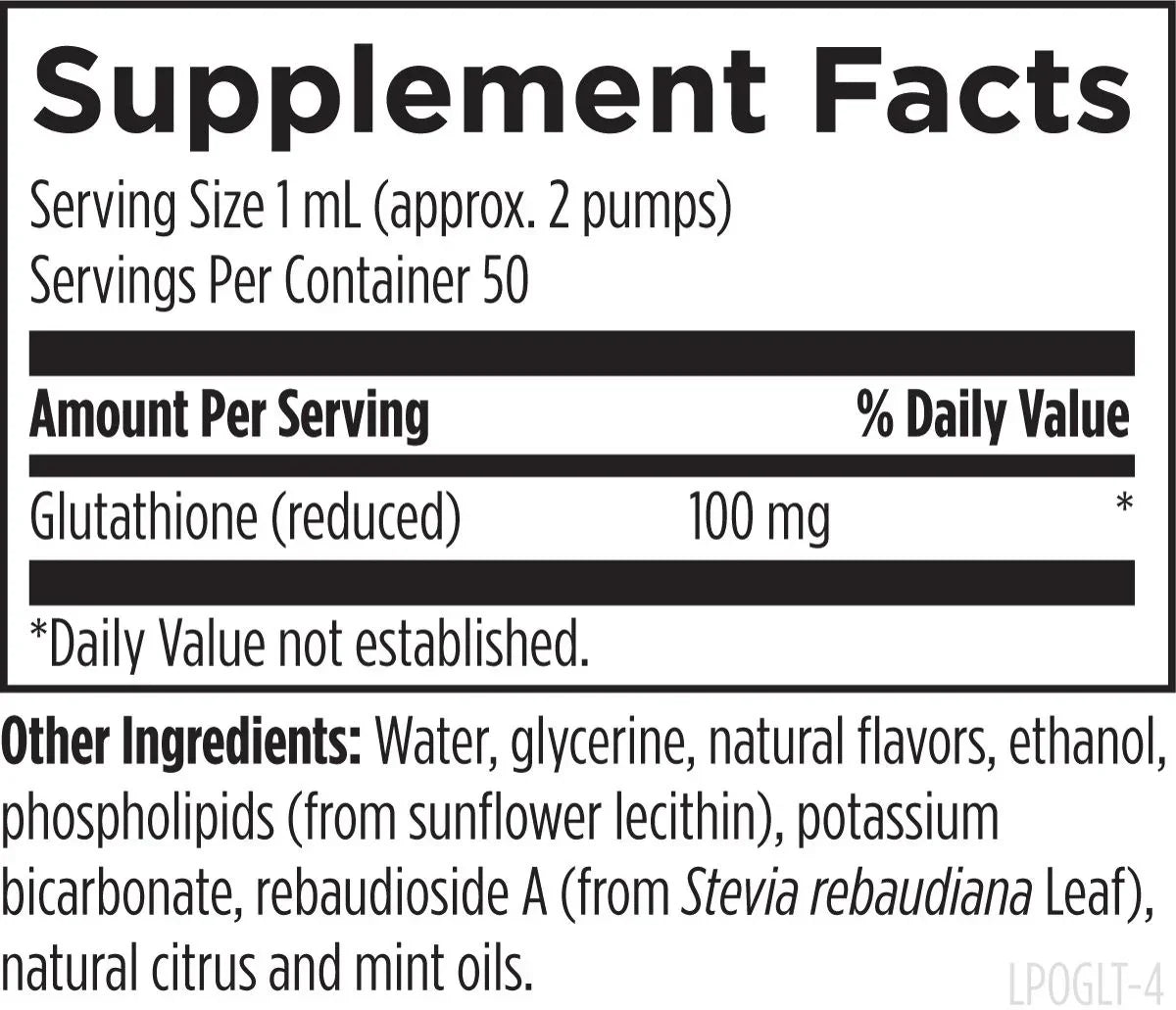 Supplement facts label showing glutathione 100mg, natural flavors, and stevia leaf extract.